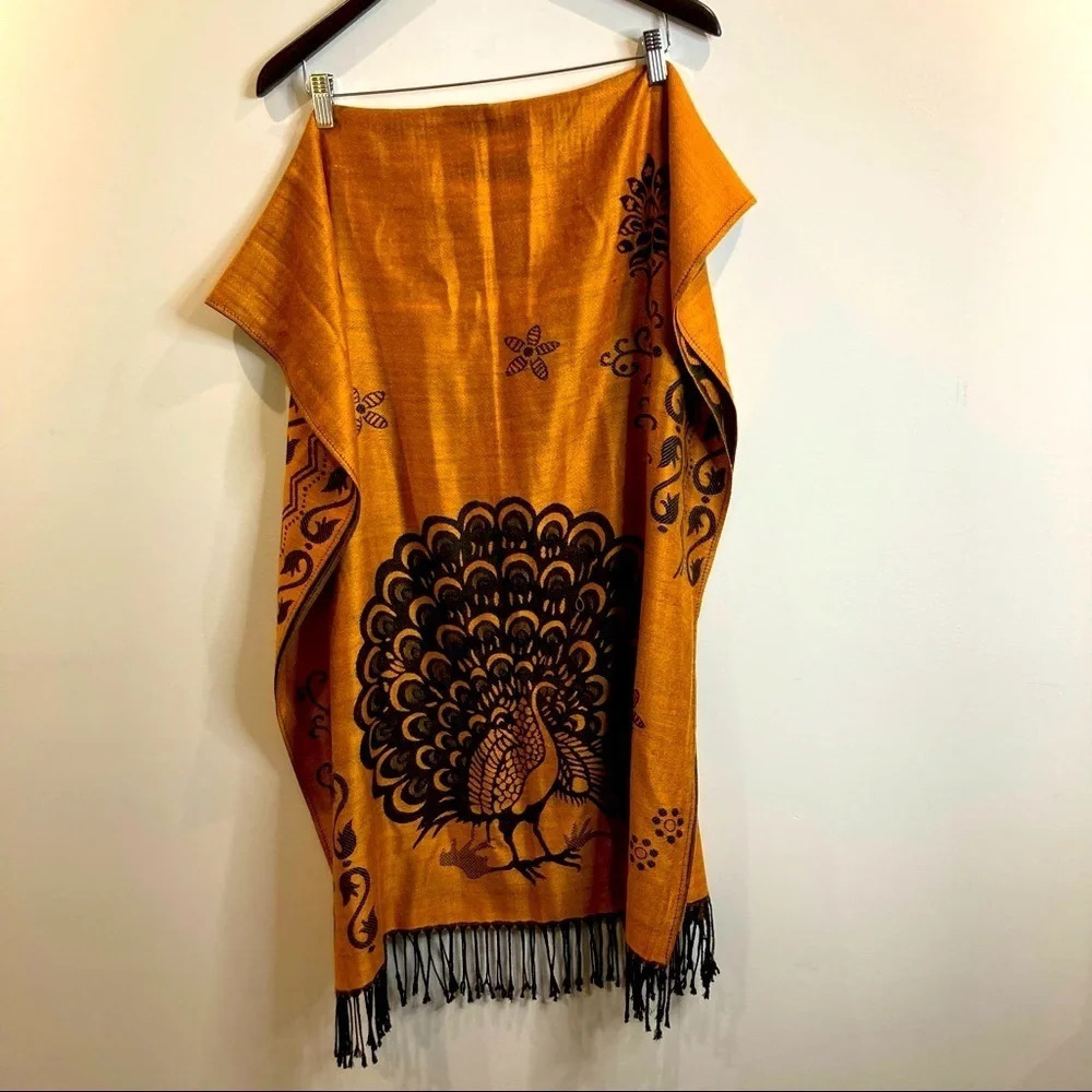 PASHMINA With a Peacock and Floral Design 66 x 28”  Fringe 4”